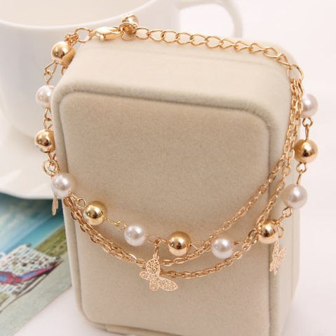 Bohemian 18K Gold Plated Chain Multilayer Beads Stretch Charm Bracelet & Bangle