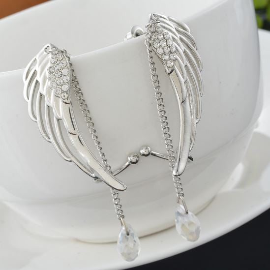Crystal Angel Wings Earrings Feather Ear Cuff Clip Tassels Dangle