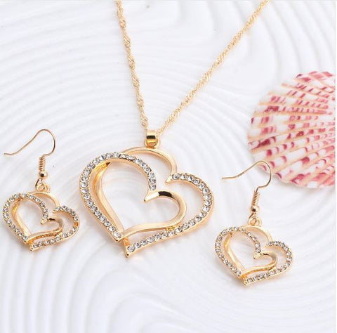 Romantic Heart Pattern Crystal Necklace Earrings Jewelry Sets