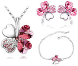 Dark Pink Crystal Clover Four Leaf Leaves Pendant Necklace Earrings Bracelet Jewelry Sets