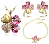 Dark Pink Crystal Clover Four Leaf Leaves Pendant Necklace Earrings Bracelet Jewelry Sets