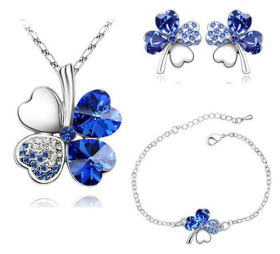 Dark Blue Crystal Clover Four Leaf Leaves Pendant Necklace Earrings Bracelet Jewelry Sets