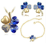 Dark Blue Crystal Clover Four Leaf Leaves Pendant Necklace Earrings Bracelet Jewelry Sets