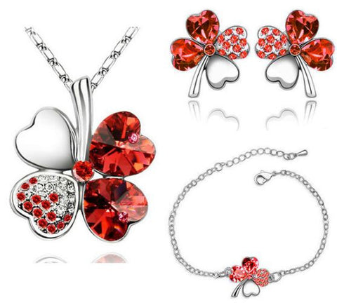 Red Crystal Clover Four Leaf Leaves Pendant Necklace Earrings Bracelet Jewelry Sets
