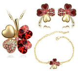 Red Crystal Clover Four Leaf Leaves Pendant Necklace Earrings Bracelet Jewelry Sets