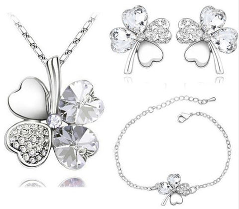 White Crystal Clover Four Leaf Leaves Pendant Necklace Earrings Bracelet Jewelry Sets