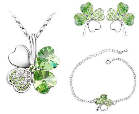 Lightgreen Crystal Clover Four Leaf Leaves Pendant Necklace Earrings Bracelet Jewelry Sets