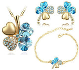 Oceanblue Crystal Clover Four Leaf Leaves Pendant Necklace Earrings Bracelet Jewelry Sets