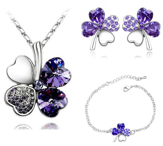 Purple Crystal Clover Four Leaf Leaves Pendant Necklace Earrings Bracelet Jewelry Sets