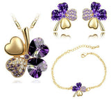 Purple Crystal Clover Four Leaf Leaves Pendant Necklace Earrings Bracelet Jewelry Sets