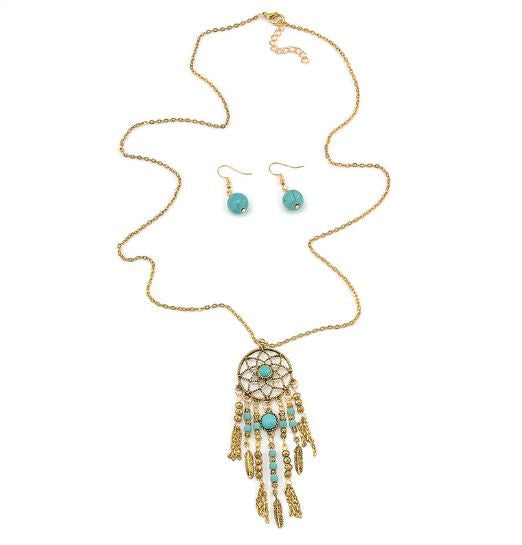 Bohemian Style Dream Catcher Tassels Pendant Necklace Earrings Jewelry Sets