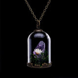 Handmade Dried Flower Glass Locket Raw Amethyst or Citrine Healing Crystal Terrarium Natural Stone Pendant Necklace
