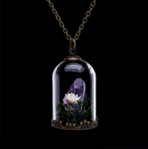 Handmade Dried Flower Glass Locket Raw Amethyst or Citrine Healing Crystal Terrarium Natural Stone Pendant Necklace