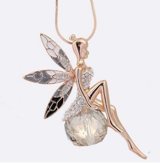 Gold Plated Crystal Angel Wings Long Chain Necklace