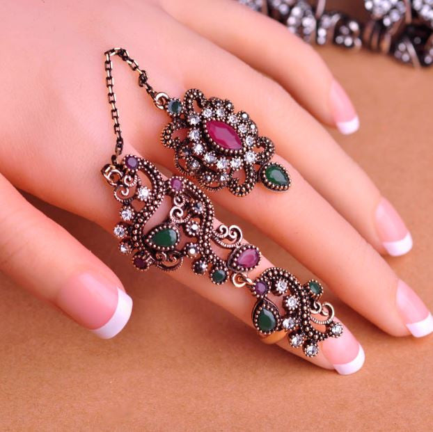 Adjustable Turkish Two Finger Hollow Out Flower Design Vintage Ring For Women
