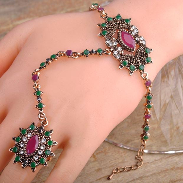 Bracelet Ring Set Vintage Antique Gold Plated Hand Chain Ring For Women